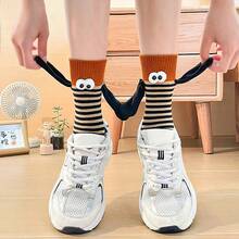 1 Pair Funny 3D Holding Hands Mid-Calf Socks, Novel Striped Socks With Plush Big Eyes And Soft Hand Decoration, Suitable For Couples, Family Gatherings, Party Gifts, Daily Home Couple Outfits - Multicolor - View 5