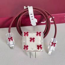 5pcs Burgundy Bow & Bead Design Phone Charger Protection Set 20W/18W, Charging Cable Protector, Charging Head Protective Case, Compatible With Apple For IPhone 13/16/15/14 Charger Protection Set - Burgundy - View 5