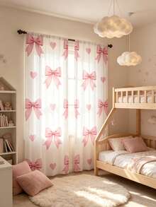 2pcs Sweet & Cute Style Curtains, Pink Bow & Heart Pattern, Flat Print, Easy To Use, Baby Shower Decoration, Kids Room, Home, Holiday Decor, Baby Gift - Multicolor - View 6
