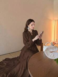 女款新款純色優雅小立領長袖蛋糕層拼接設計時尚奢華收腰顯瘦大裙擺洋裝 純色優雅派對荷葉邊亮片拼接百褶蕾絲/荷葉邊婚禮沙灘 - 咖啡 - 查看 5