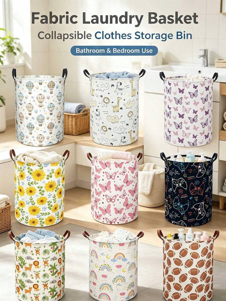 Printed Laundry Basket, Foldable Storage Bin, Waterproof Fabric Storage Basket, Suitable For Children's Room, Bedroom, Bathroom - Multicolor - View 1
