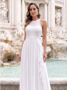 YUMIBRAVO Elegant Bridal Destination Wedding Gown, Chiffon Floor-Length White Dress, Suitable For Wedding Ceremony, Bridal Party, Beach Wedding - White - View 5