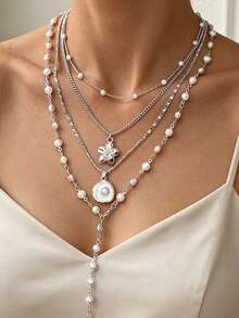Multi-Layer Stackable Versatile Casual Ocean Style Vacation Geometric Tassel Necklace Set - Silver - View 1
