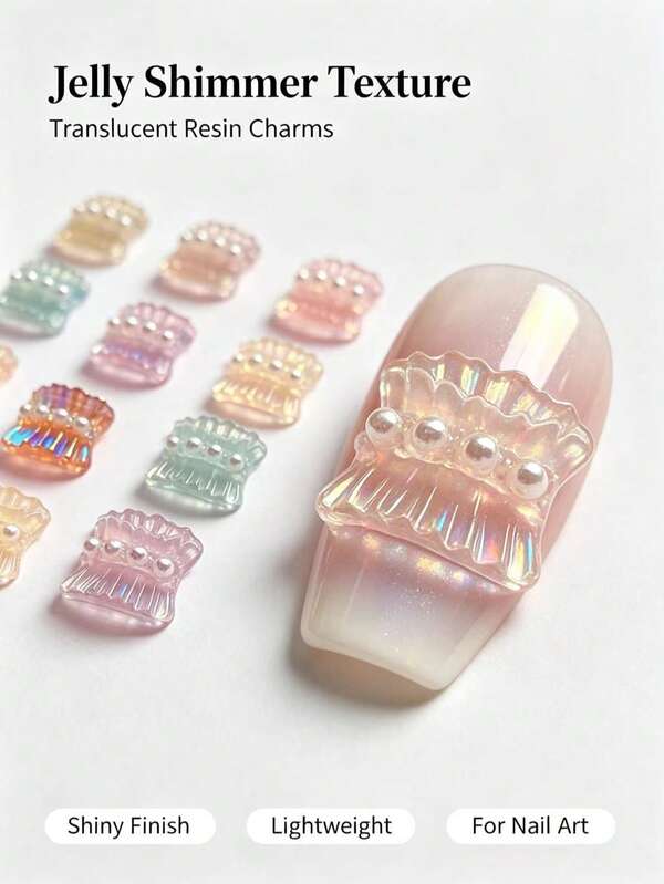 50pcs 3D Transparent Iridescent Resin Lotus Leaf Skirt Nail Art Charms, Mini 3D Macaron Color Pleated Skirt Nail Decor With Pearl, Cute Sweet Style Nail Art Studs, DIY Nail Art Accessories, Suitable For Women's Nail Salon Daily Nail Decoration
