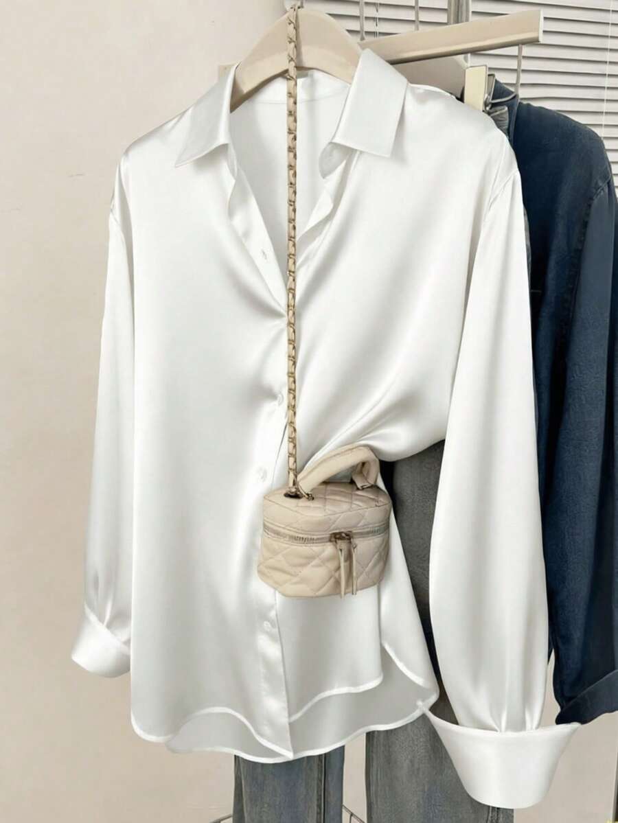 女款緞面鈕扣襯衫-領口商務休閒上衣 白色 - 白色 - 查看 1