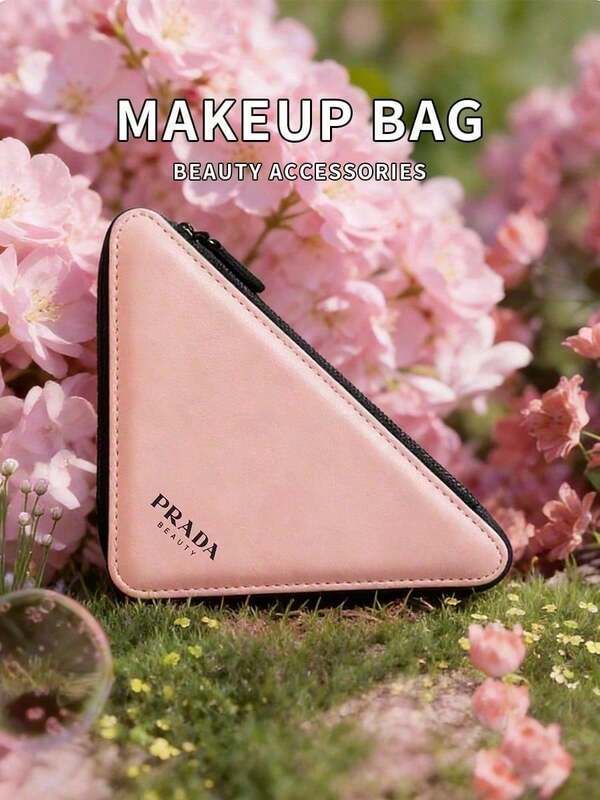 Prada Beauty Pink Triangle Faux Leather Makeup Pouch, Contrast Black Lining Zipper Cosmetic Bag Portable Small Skincare Brush Storage Case Ladies Luxury Travel Beauty Gift Bag PRADA-GIFT-1
