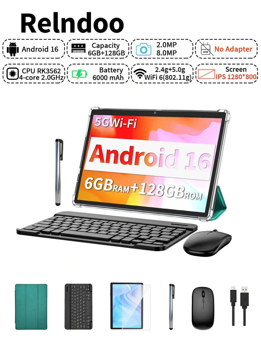 Relndoo Tablet Android 16 10 Inci, Tablet 2-in-1, RAM 26GB (6GB + 20GB) + Penyimpanan 128GB/Prosesor Quad-Core RK3562 2.0 GHz/Kamera Ganda 2MP + 8MP/Layar Sentuh IPS 1280x800/Wi-Fi 6/Baterai 6000mAh/Termasuk Keyboard/Mouse/Stylus/Casing Pelindung, Tablet Bersertifikasi (Adaptor Tidak Termasuk) - Hijau - View 1