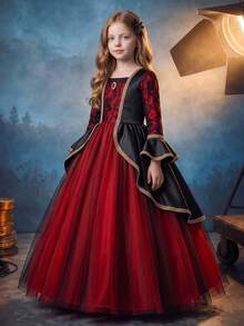 Tween Girls Burgundy And Black Lace Tulle Ball Gown Square Neck Bell Sleeve Formal Evening Dress For Banquet Birthday Gala Pageant Holiday Celebration - Red - View 5