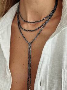 1pc Street Style Geometric Square Bead Asymmetrical Disc Pendant Tassel Long Necklace, Luxury Fashion Casual Street Photography Travel Vacation Wedding Banquet Couple Date Women Birthday Holiday Versatile Jewelry Necklace Gift - Necklace - View 6