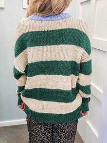 Acelitt Women's Green And White Striped Pullover Sweater, Ribbed Trim Knit Long Sleeve Regular Fit Top, Suitable For Autumn/Winter Wear Fall - Multicolor - View 2