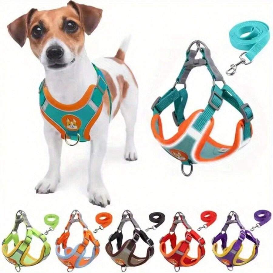 1Pc Fluorescent Green Reflective Step-In No Pull Dog Harness And Leash Set, Soft Padded Breathable Anti-Choke Escape Proof Pet Walking Vest, Night Visible Outdoor Walking Travel Gear For Small Medium Puppy Dogs - Green - View 1