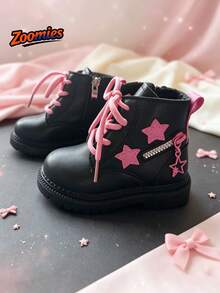 1 Pair Girls' Cute Fashion Boots, Star Decor, Non-Slip Breathable Durable, Children's Casual Boots, All Season Single Boot - Black - View 3