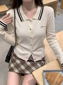 Autumn/Winter New Design Striped Polo Collar Preppy Style Knit Sweater Long Sleeve Women Sweet Girl Contrast Color Top Slim Fit Pullover Fall - Apricot - View 3