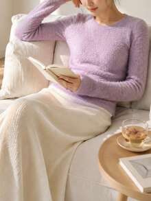 Fashionable Women's Knit Top, Violet Waffle Knit Long Sleeve Sweater, Regular Hem Round Neck Pullover, Soft Stretch Fabric. - Lilac Purple - View 9