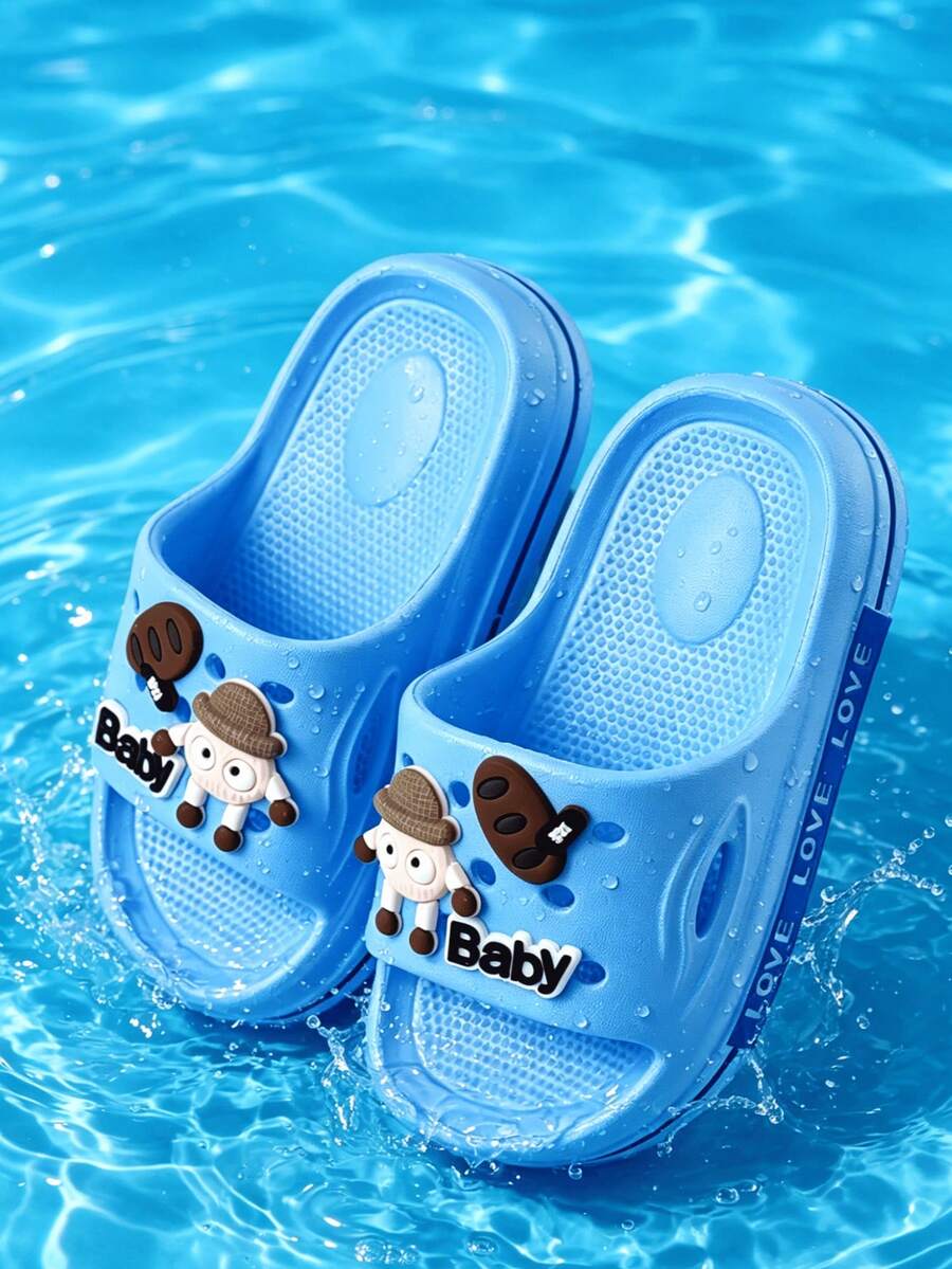 Children's Blue Cute Elf EVA Thick Sole Slippers, Side Print Color Block, Lightweight Summer Vacation Beach Shoes, Suitable For Boys And Girls - Baby Blue - View 1