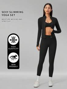 MFVIM Women's Versatile Yoga Bra + Leggings + Jacket 3 Pieces Set, Soft And Skin-Friendly - Premium Black - View 2