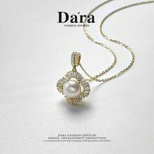DARA Collar con colgante de perla de agua dulce de plata de ley S925, diseño de flor de cuatro hojas, caja de regalo de lujo para mujeres - Dorado - Ver 6