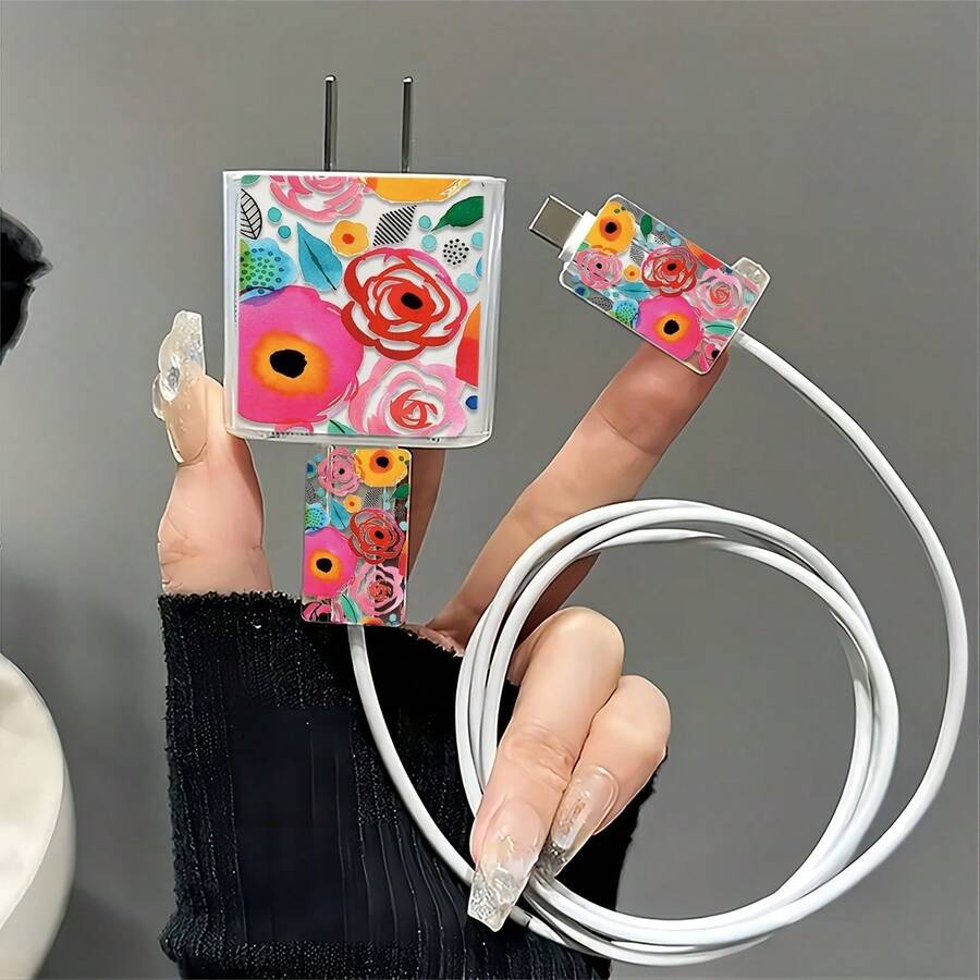 3pcs Red Floral Pattern Transparent Charger Protective Case Set For IPhone, With Cable Protection And Charging Head Set, Compatible With IPhone 20W/18W Charger - Multicolor - View 1