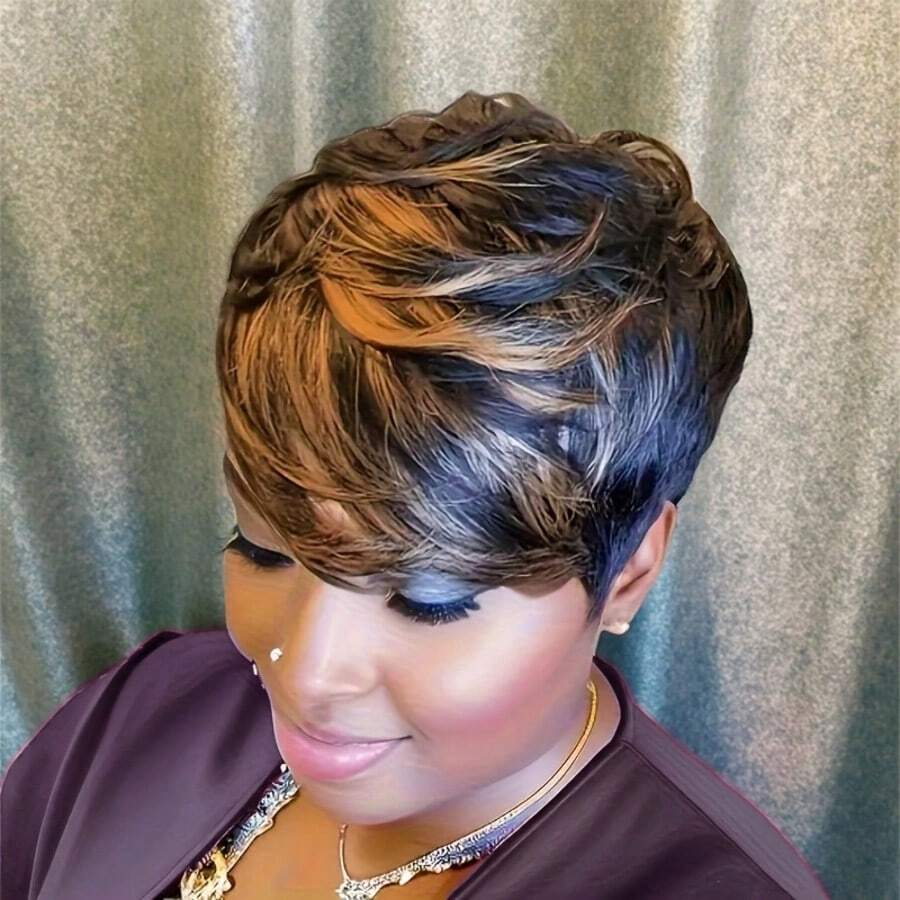 Short Straight Layered Pixie Cut Wig For Women With Bangs 180% Density Brazilian Remy Human Hair Black Mixed Blonde (1B3060) Perfect For Everyday & Cosplay & Parties & Music Festival & Halloween Party & Christmas Party Wig - 1B3060 - 查看 1
