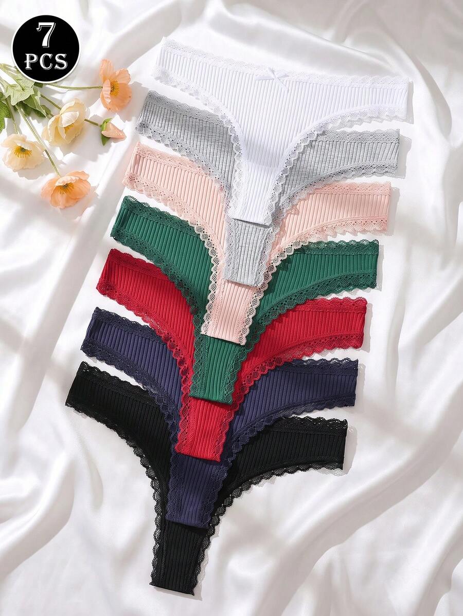 7pcs/Pack Celana Dalam Thong Katun Warna Polos dengan Pita, Pakaian Dalam Wanita Seksi dengan Motif Renda dan Garis-garis