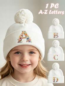 1pc Baby Beanies Boy Girls White Pom-Pom Cap With A-Z Letter Colorful Floral Hat For Boys And Girls Ages 0-8Y, For Hat Accessories Winter Warm Hat - Multicolor - View 1