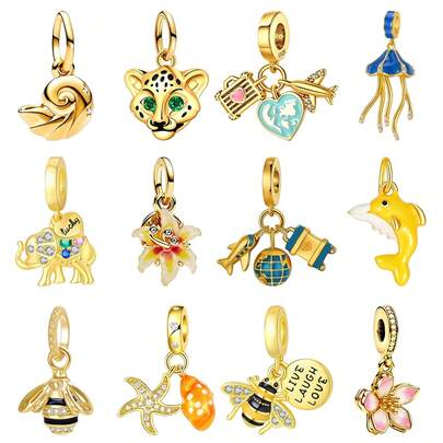 1pc Gold-Plated Charming Bead Pendant, Wildlife & Travel Series Pendant With Bee, Leopard, Elephant, Dolphin, Jellyfish, Orchid, Globe And Airplane Designs, Suitable For DIY Bracelet Jewelry, Best Gift For Friends And Besties