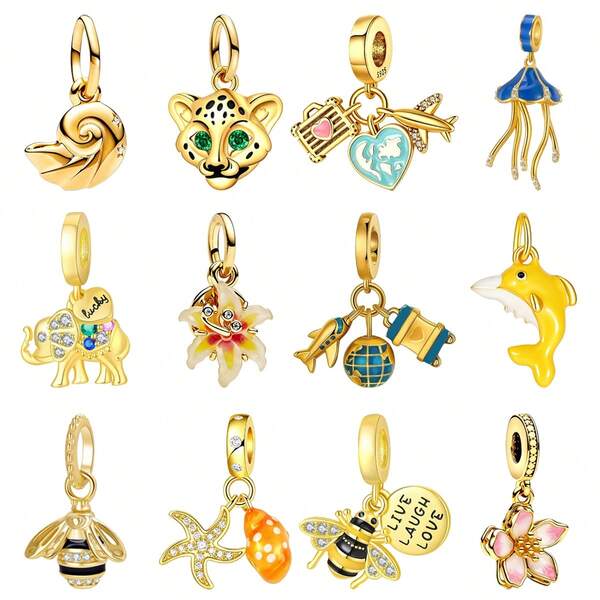1pc Gold-Plated Charming Bead Pendant, Wildlife & Travel Series Pendant With Bee, Leopard, Elephant, Dolphin, Jellyfish, Orchid, Globe And Airplane Designs, Suitable For DIY Bracelet Jewelry, Best Gift For Friends And Besties