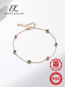 SYMFNY 925純銀 5顆彩色立方鋯石手鍊 1件裝 - 金黃色 - 查看 2