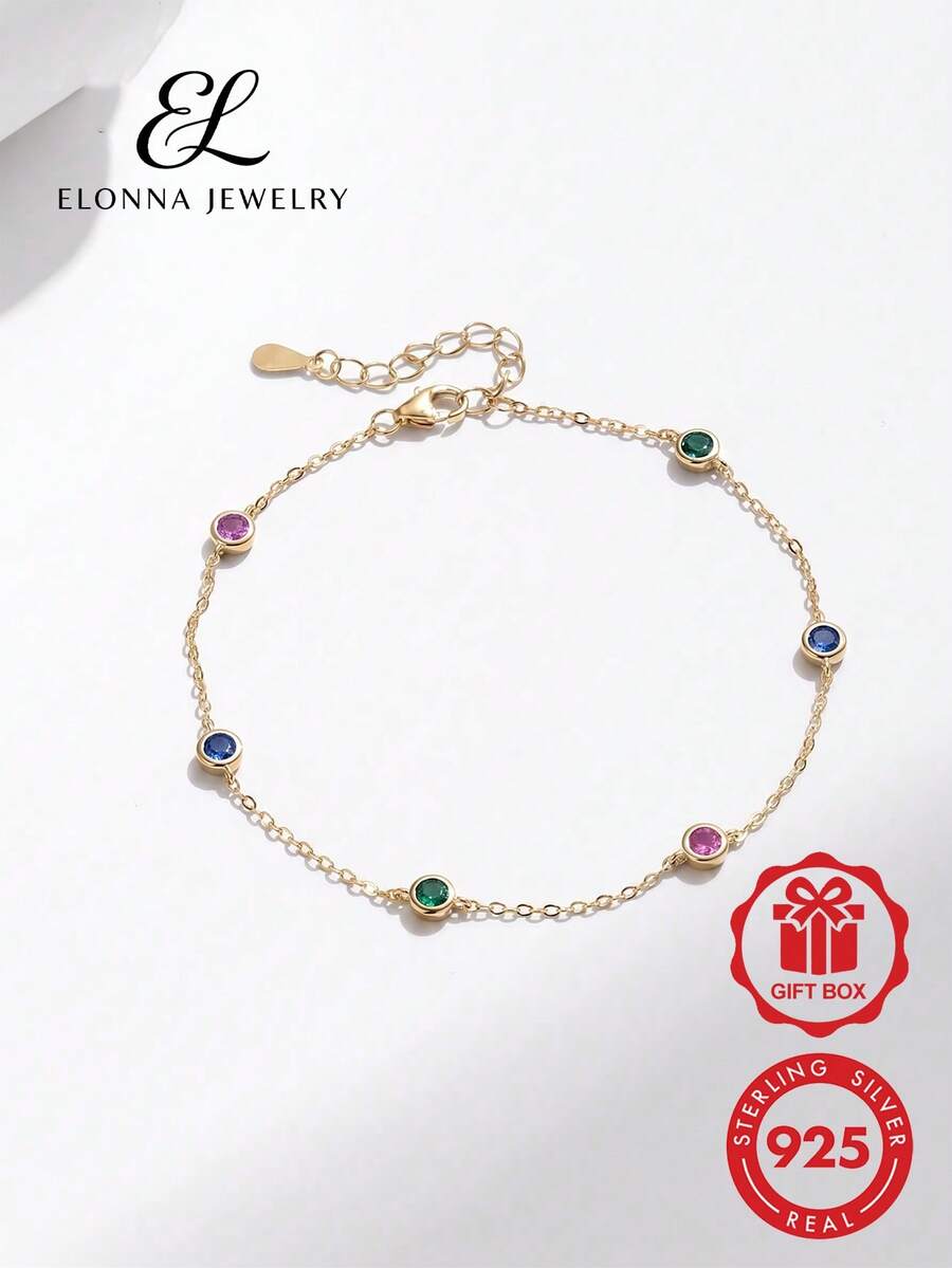 SYMFNY 925純銀 5顆彩色立方鋯石手鍊 1件裝
