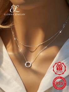 SYMFNY 1pc 925 Sterling Silver Round Open Cubic Zirconia Layered Pendant Necklace - Silver - View 2