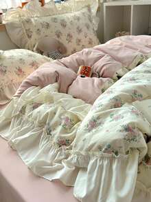 碎花荷葉邊蕾絲被套組，柔軟舒適的臥室床上用品，蕾絲設計，可愛清新粉色花卉圖案，透氣柔軟四季通用床上用品套裝，包含被套、床單、枕套，不含填充物，適用於臥室、宿舍、居家使用，多種尺寸可選 - 粉色 - 查看 8
