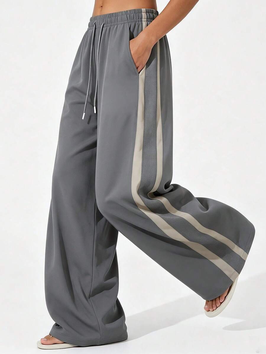 KyrLssu Side Stripe Star Embroidered Wide Leg Sweatpants, Elastic Drawstring High Waist Athletic Pants - Light Grey - View 1