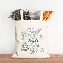 Un bolso de hombro multifuncional con diseño estampado azul de temática nupcial, sencillo, personalizado y elegante, adecuado para viajes, uso diario y como bolsa de compras reutilizable.Es - Blanco roto - Ver 2