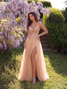 ADYCE 優雅細肩帶收腰露背修身亮片高開衩網紗伴娘禮服，舞會晚禮服，假日派對婚禮秋季穿搭 - 杏色 - 查看 7