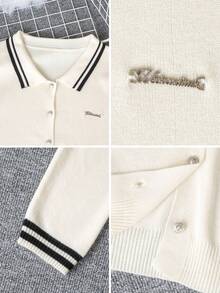 Autumn/Winter New Design Striped Polo Collar Preppy Style Knit Sweater Long Sleeve Women Sweet Girl Contrast Color Top Slim Fit Pullover Fall - Apricot - View 9