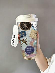 1pc/5pcs 500ml Wanderlust Travel Insulated Coffee Mug With Lanyard Lid, Vintage Collage World Map Compass Airplane Passport And Travel Quotes Print, Stainless Steel Reusable Cup, Suitable For Commuting Outdoor Gift - Multicolor - View 7