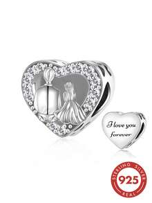 1顆 S925 純銀心形情侶肖像珠，鑲鋯石雙面雕刻「I Love You Forever」婚禮戀人週年 DIY 手鍊大孔銀珠 - 銀色 - 查看 2