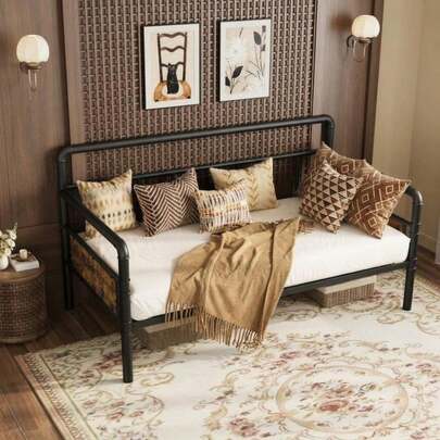 Heavy Duty Metal Twin Daybed Frame – Classic Headboard Sofa Bed – Steel Slats Support – Noise-Free – No Box Spring Needed – For Living Room, Bedroom, Or Guest Room – Brown Or Black