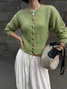 Cardigan Rajut Hijau Wanita, Kancing Warna-warni, Lengan Panjang, Kerah Bulat, Potongan Reguler, Cocok untuk Musim Semi dan Musim Gugur - Hijau - View 7