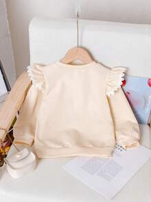Young Girl' Casual Sweet Floral Embroidery Sweatshirt: Sweet Pink Floral Embroidered Sweatshirt With Ruffle Lace Sleeves, Perfect For Daily Wear, School, And Weekend Outings, Transforms Into A Cute Girl, Autumn/Winter - Apricot - View 2
