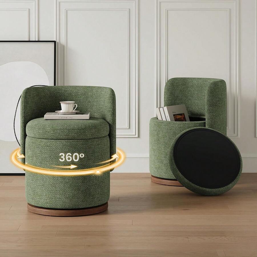 Dressing Chair With Storage Function, 360 ° Rotating Decorative Chair With Backrest, 22L Hidden Storage Dressing Chair, Circular Dressing Stool Without Wheels, Green - Green - View 1