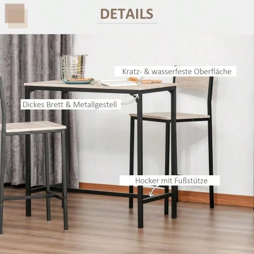 Bar Table With 2 Chairs, 3-Piece Bar Set, MDF In Natural And Black, 89x45x87cm For Kitchen And Dining Area - Natural - View 1