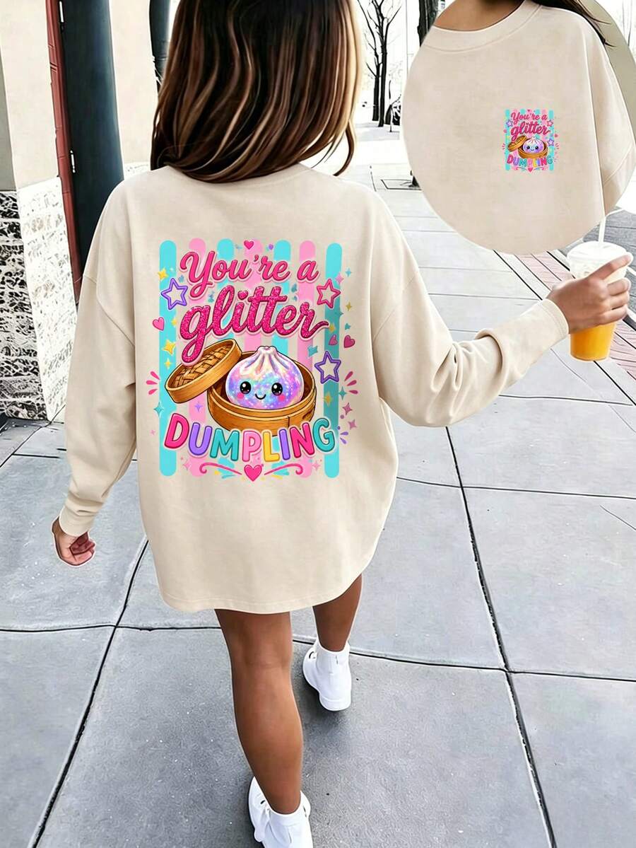 Kaos Lengan Panjang untuk Anak Perempuan Remaja, Motif Grafis "You're A Glitter Dumpling Bamboo Steamer" di Bagian Belakang, Atasan Kasual Sehari-hari untuk Musim Gugur dan Musim Dingin - Aprikot - View 1