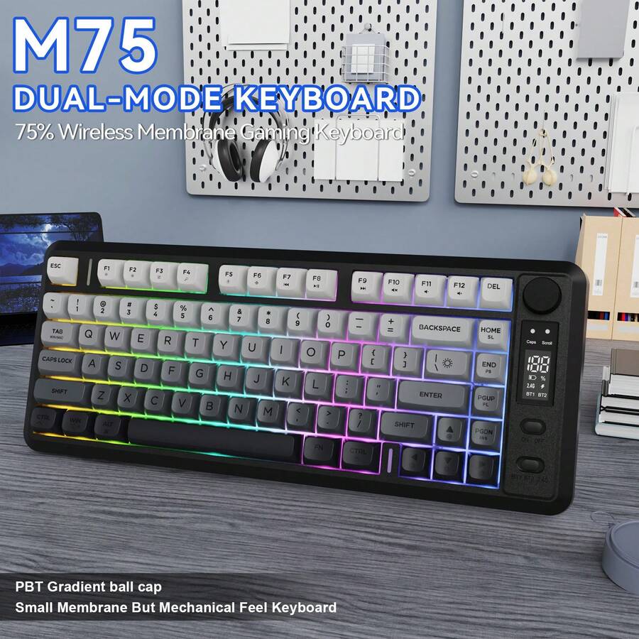 ATTACK SHARK * FREEWOLF M75 Wireless Gaming Keyboard, RGB Backlit Rechargeable 2000mAh Battery, Compact Membrane Feel Mechanical Keyboard With Smart Display And Knob, PBT Gradient Keycaps, Suitable For PC Gamers - Blackberry/Grape Purple/Moonlight - Multicolor - View 1