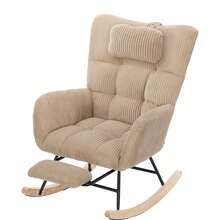 Flieks Rocking Chair With Adjustable Footrest, Headrest, Fabric Rocking Chair With Wooden Legs,Comfortable Lounge Armchair With Side Pockets And High Backrest, Brown, Reading Chair For Nursery, Living Room - Natural - View 9