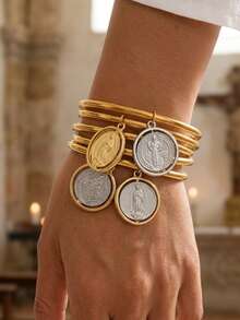 1pc Elegant Luxury Style Gold Titanium Steel Geometric Rotating Double-Sided Portrait Round Colorblock Pendant Titanium Steel Clasp Women's Bracelet, Suitable For Banquet, Party, Daily Wear, Gift, Fashionable Gorgeous Women's Jewelry, Geometric Jewelry, Portrait Jewelry. Wedding Season, Holiday Season Gift - Yellow Gold - View 5