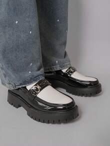 Men's Versatile Business Casual Thick Sole Height-Increasing Slip-On Black & White Colorblock Loafers - White - View 11