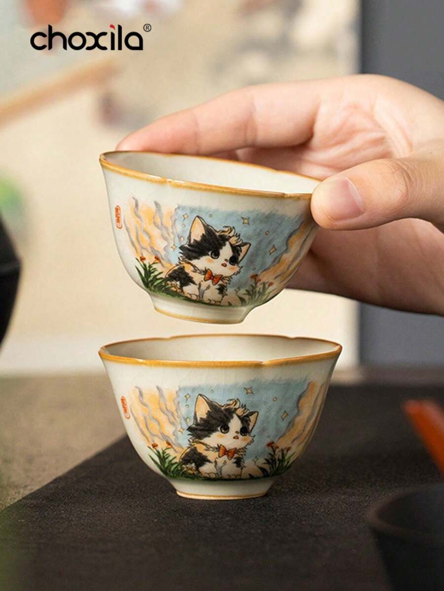choxila 1 pieza Taza de té con forma de gato lindo y boca de girasol de 50ml, taza de té de cerámica con esmalte de grietas de hielo de horno Ru, taza maestra personal para amantes del té - taza - Ver 1
