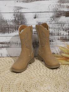 1 Pair Girls' Boots, Autumn/Winter New Style, High-Top Long Boots, Princess Embroidery, Prairie Western Boots - Brown - View 2
