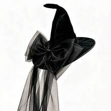 1pc Exaggerated Personalized Large Bow Long Tulle Design Witch Hat, Halloween Carnival Stage Costume Performance Dark Gothic Style Wizard Hat - Black - View 2